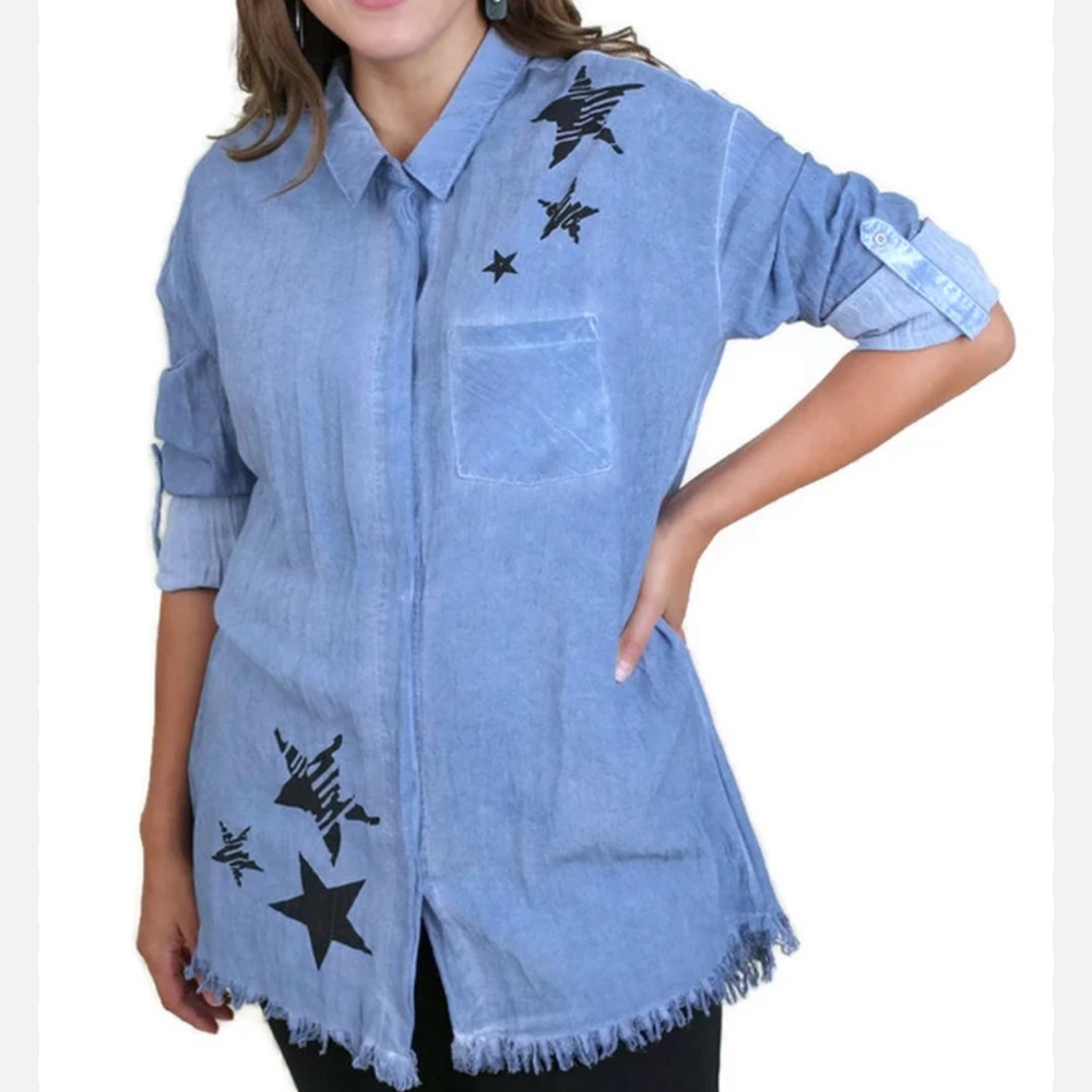 Umgee Denim Blue Button-Up Shirt Small Starstruck